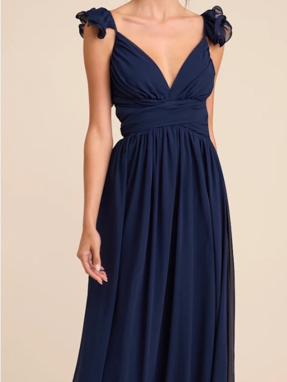 Lulu's Soirée Celebration Navy blue Ruffled Lace-up Maxi Dress